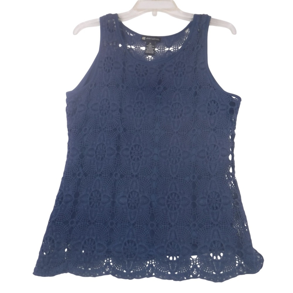 Valerie Bertinelli Navy Blue Crochet Lace Tank‎ Top Sleeveless Lined XL